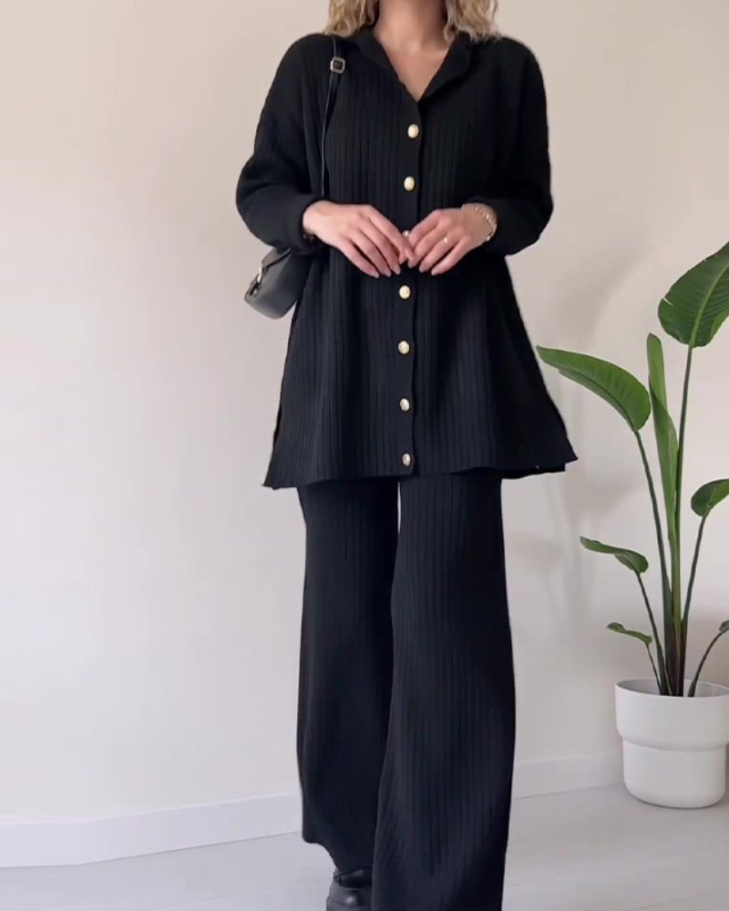Street-wave Women's Knit Set Effortless Chic Ribbed Cardigan And Pants For All Day Comfort