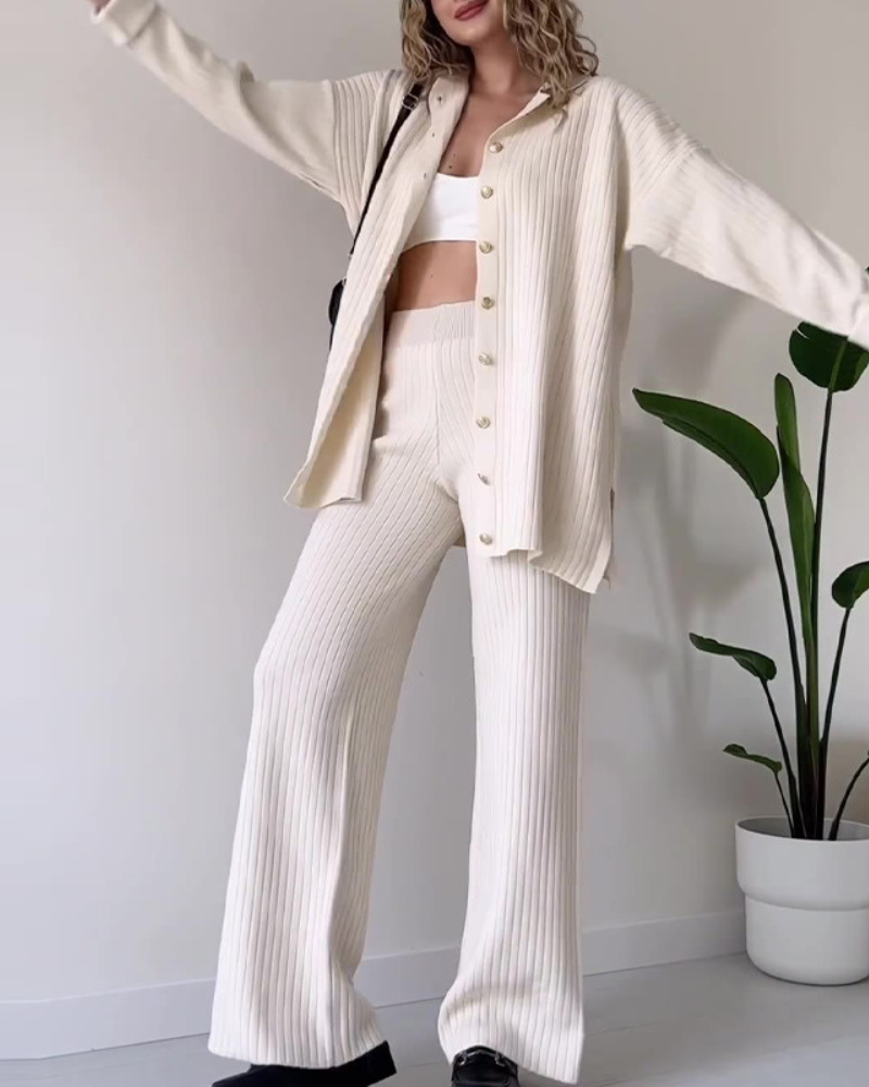 Street-wave Women's Knit Set Effortless Chic Ribbed Cardigan And Pants For All Day Comfort