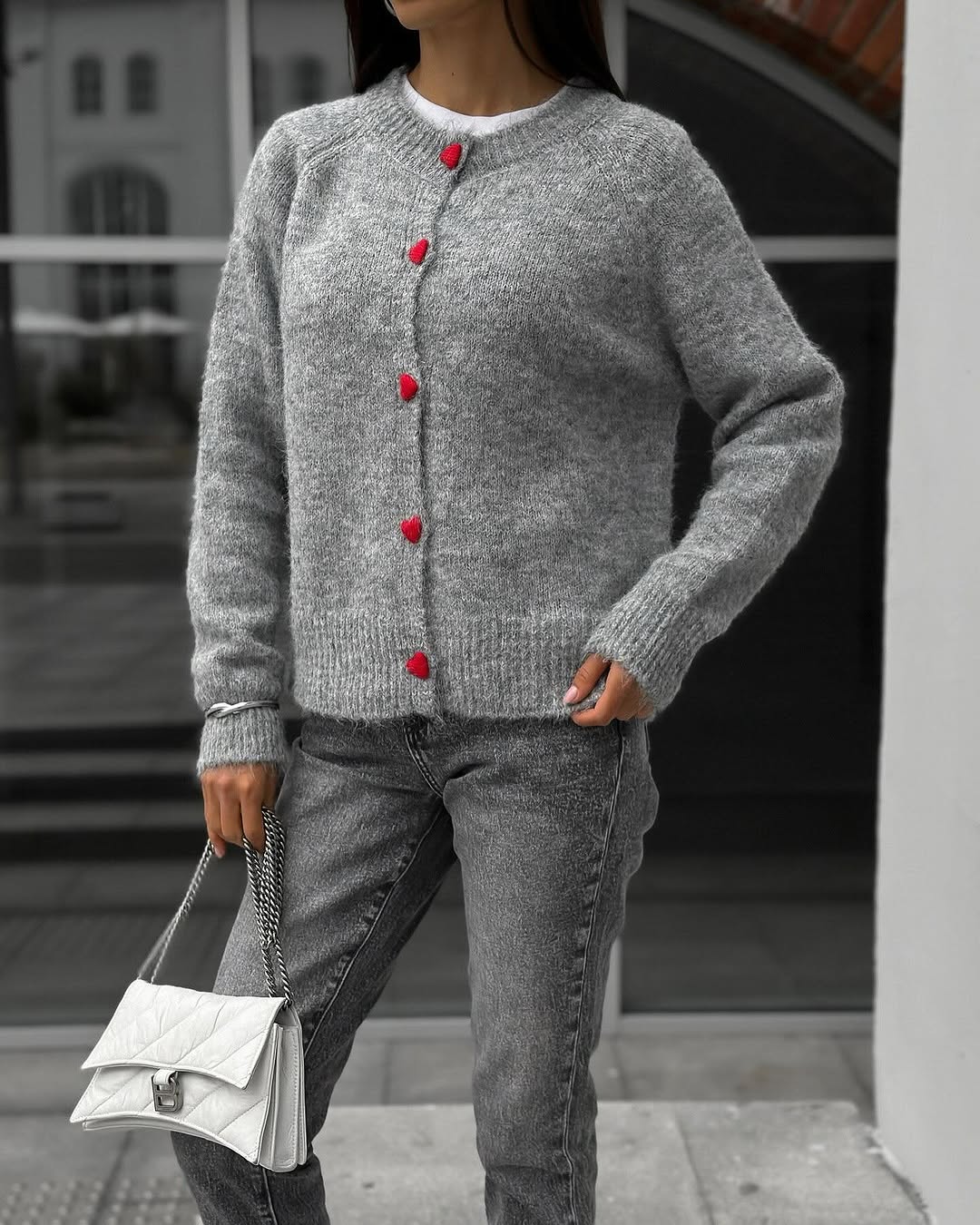 Street-wave Cozy Knit Cardigan With Soft Plush Warmth And Heart Buttons For Women