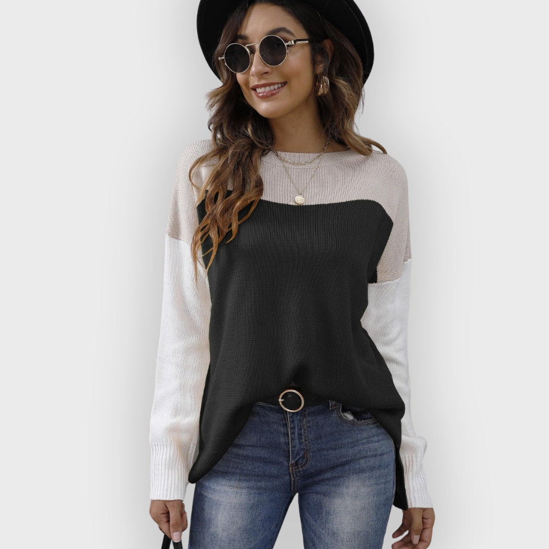 Street-wave Women Color Block Knit Sweater Crew Neck Loose Fit Casual Cozy Pullover