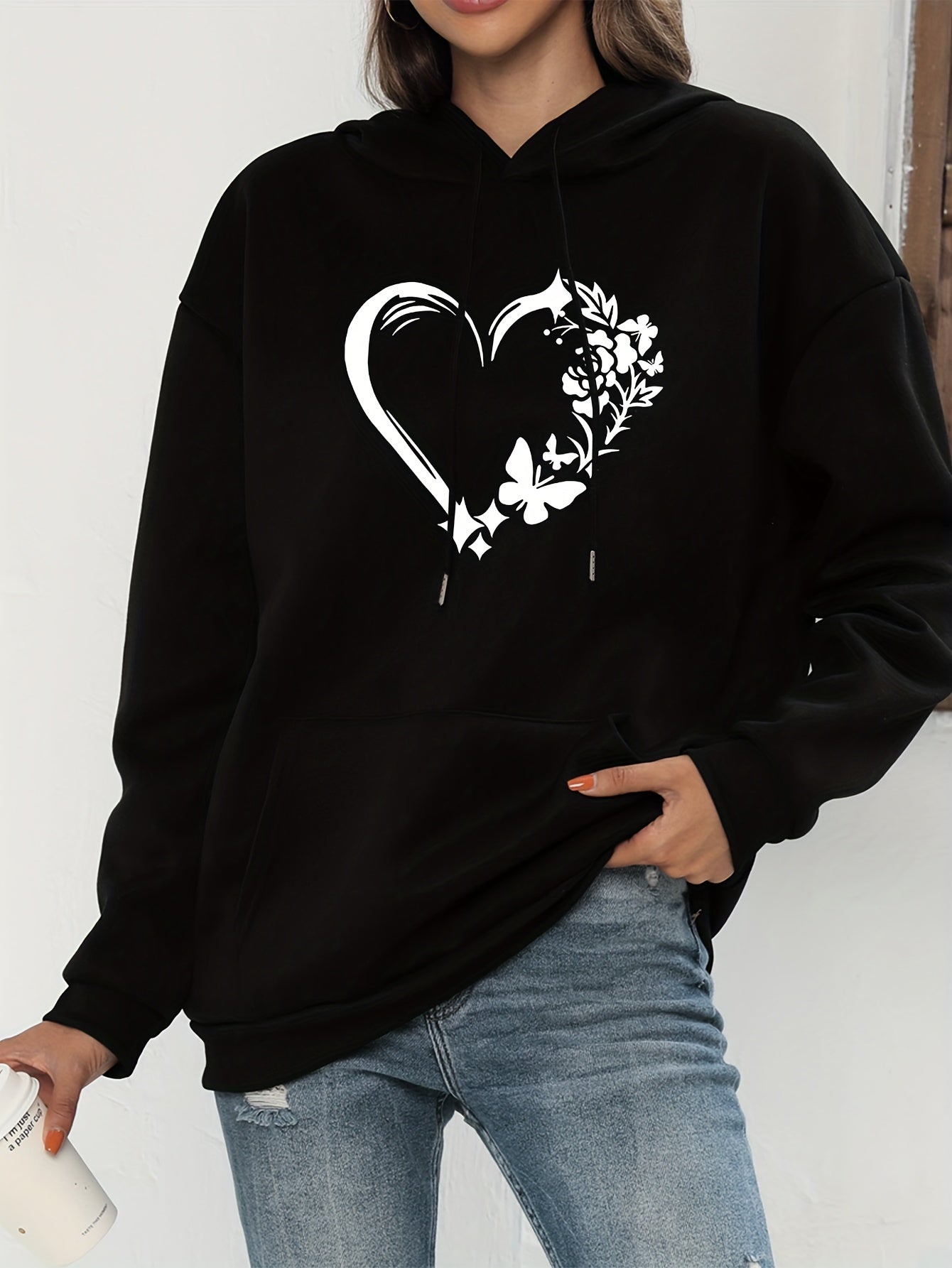 Street Wave Hoodie With Heart Print Cotton Comfort For Women Vibrant Everyday Wear