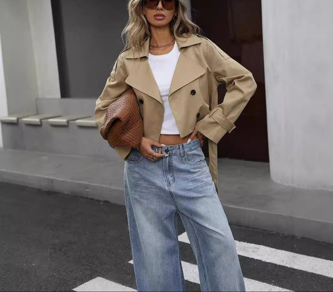 Street Wave Catherine Cropped Double Breasted Trench Jacket For Women Versatile