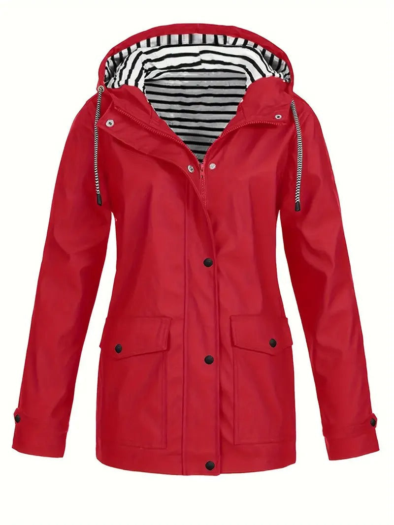 Street-wave Women's Waterproof Raincoat With Striped Lining Hooded Coat Trendy All-Weather Jacket