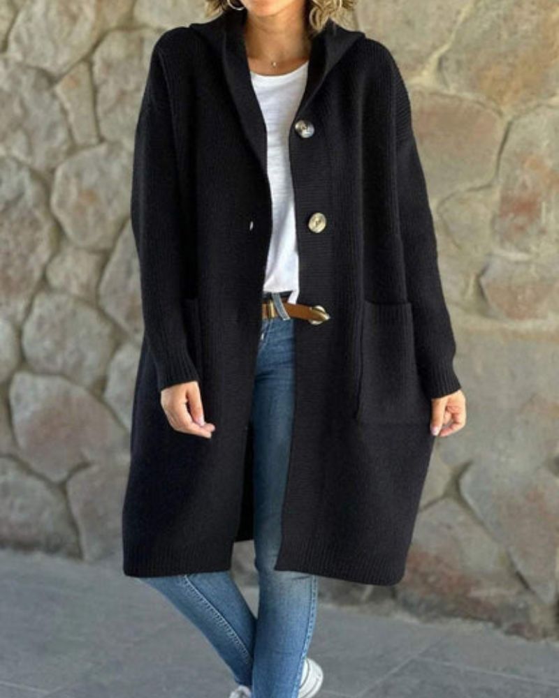 Street Wave Hooded Knit Long Coat For Women Cozy Warm Winter Outerwear With Stylish Button Details