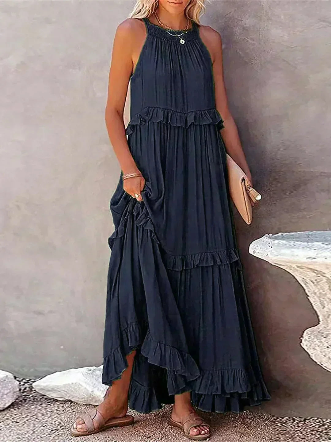 Women's Sleeveless Dress with Ruffles and Flowy Design