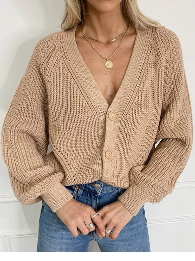 Street-Wave Puff Sleeve Knit Cardigan For Women Relaxed Fit Cozy Layering Essential With Button Front