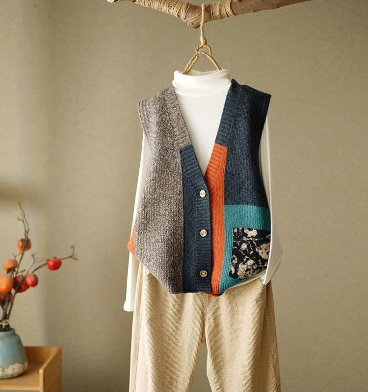 Street-Wave Patchwork Vest For Women - Bold Block Color Design With Cozy Knit Texture