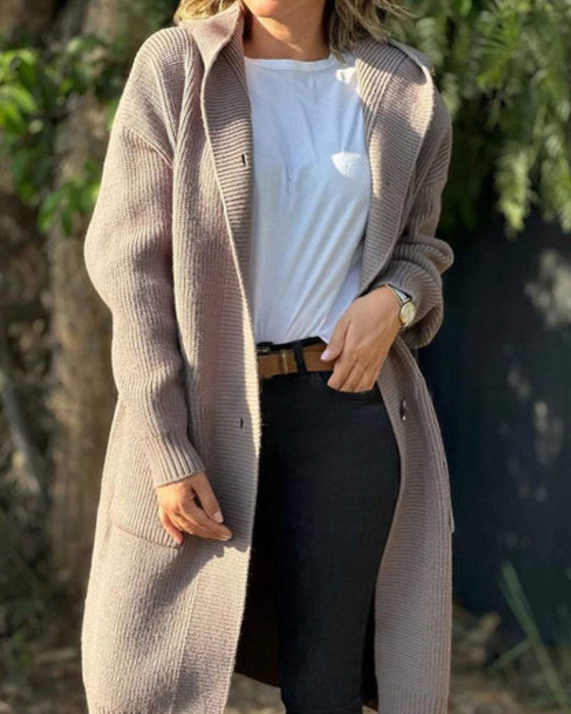 Street Wave Knit Hooded Long Coat For Women Warm Cozy Winter Outerwear With Trendy Collar And Statement Buttons