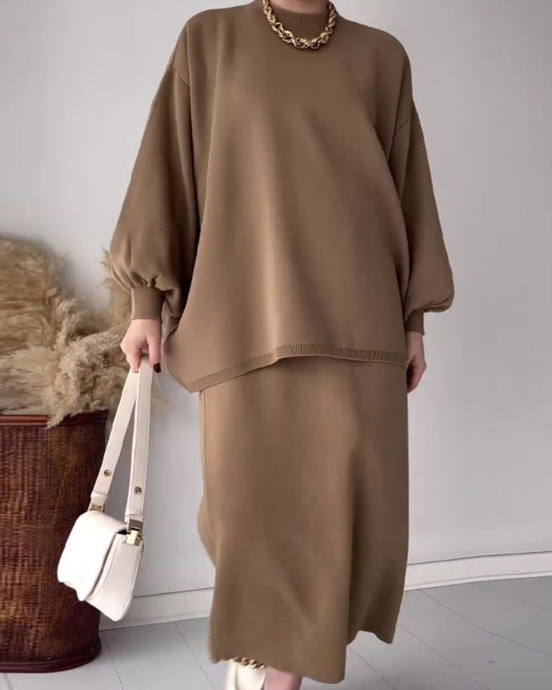 Street-wave Cozy Two Piece Set With Solid Top And Maxi Skirt For Women Winter Ready And Versatile
