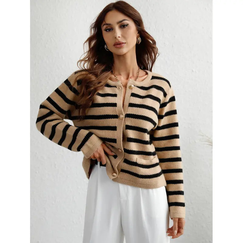 Street-wave Striped Knit Cardigan With Button Closure And Pockets For Women Cozy Warm Everyday