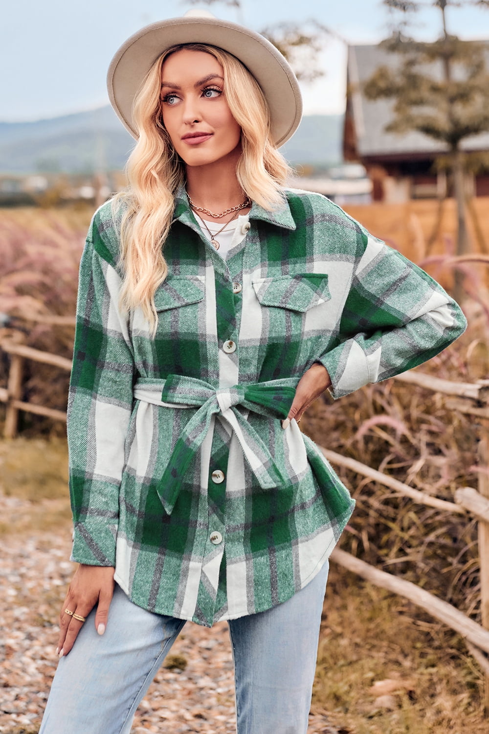 Street Wave Plaid Collared Shirt Jacket With Front Bow For Women Relaxed Fit Casual Everyday Wear
