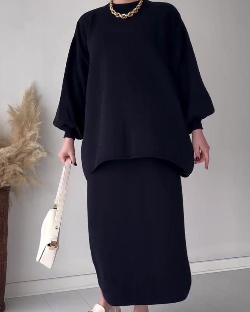 Street-wave Cozy Two Piece Set With Solid Top And Maxi Skirt For Women Winter Ready And Versatile