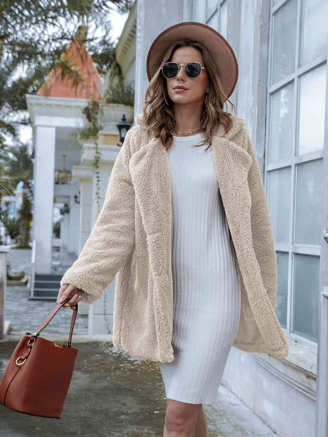 Street-Wave Teddy Coat With Pockets For Women Cozy Plush Faux Fur Warm Outerwear