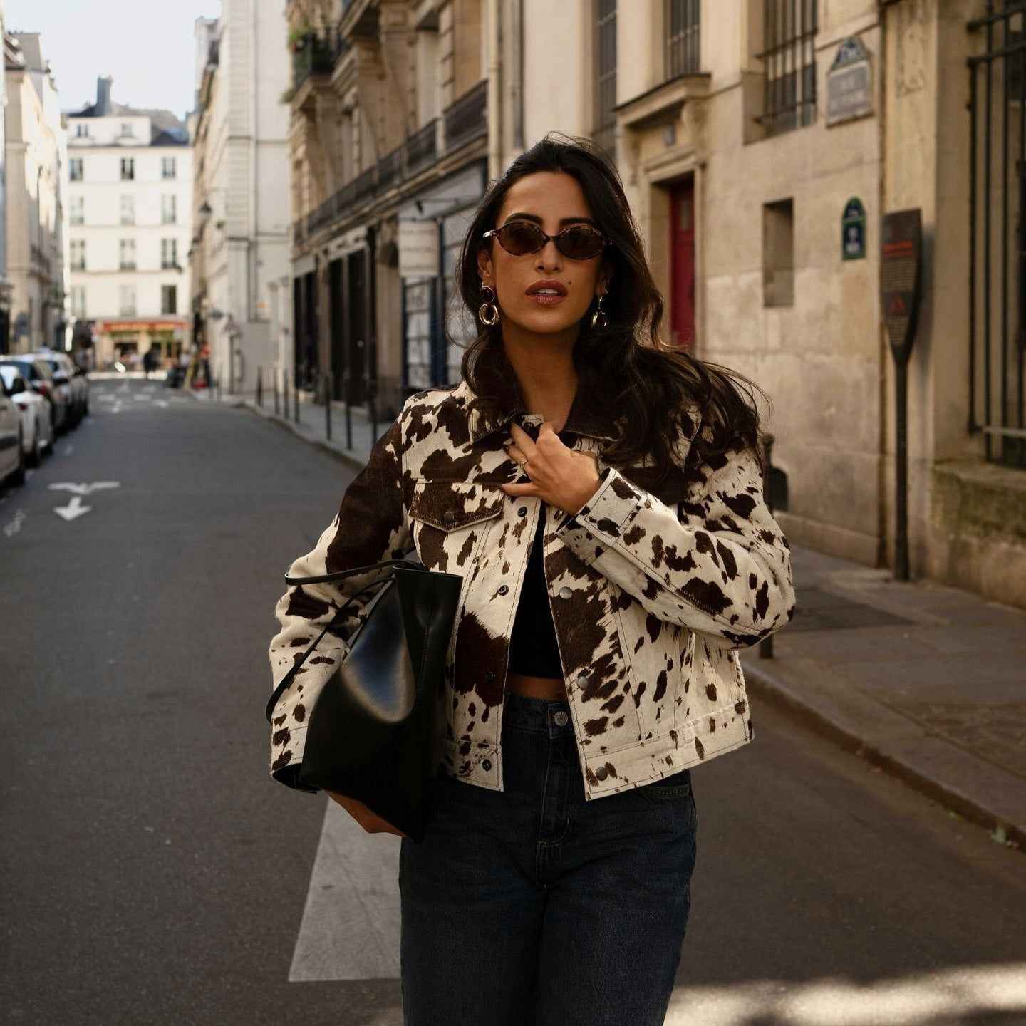Street-Wave Cow Print Jacket With Snap Front Closure For Fashion Forward Women Lightweight Comfort