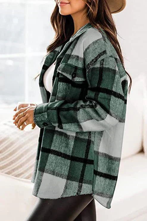 Street-wave Timeless Plaid Shirt Jacket for Women, Warm Cozy Checkered Long-Sleeve Outerwear