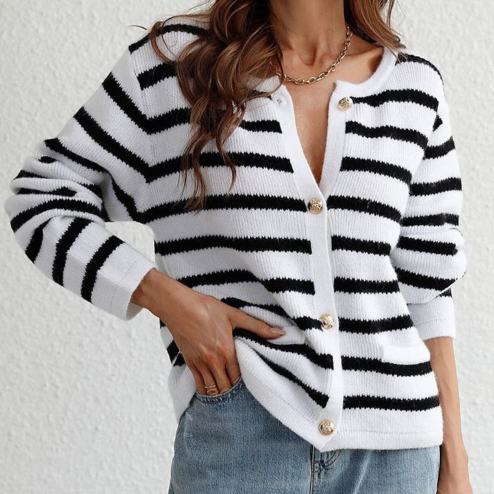 Street-wave Women Striped Cardigan With Gold Buttons Premium Cozy Knit For Autumn Fashion And Comfort