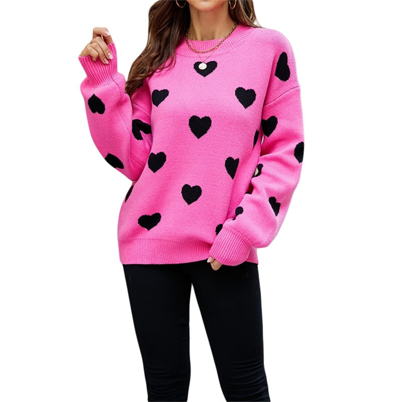 Street Wave Heart Motif Knit Sweater For Women Cozy Soft Warmth Ideal For Cold Weather Trendy Casual Look
