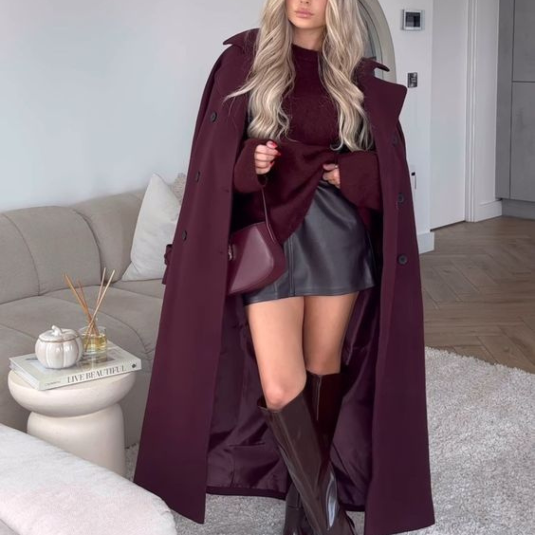 Street Wave Burgundy Coat With Double Button Placket And Shoulder Epaulettes For Trendsetting Women