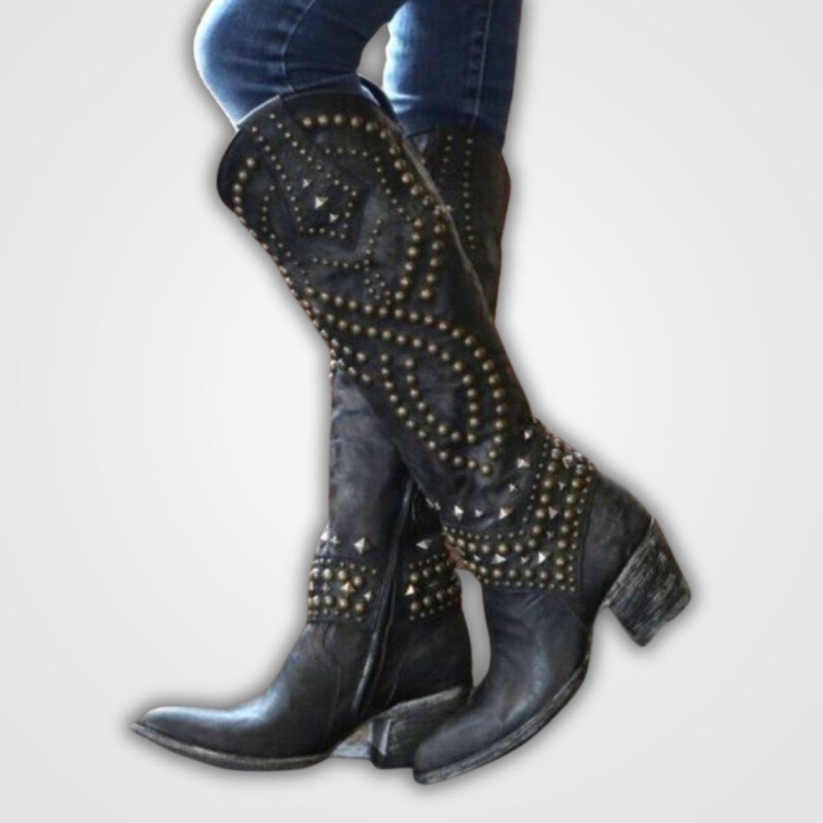Street Wave Studded Knee High Boots for Women Stylish Slip On Western Style With Block Heel