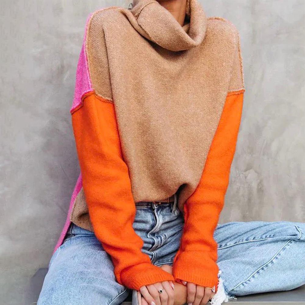 Streetwave Colorblock Turtleneck Pullover For Women Warm Cozy Knit Trendy Style Versatile