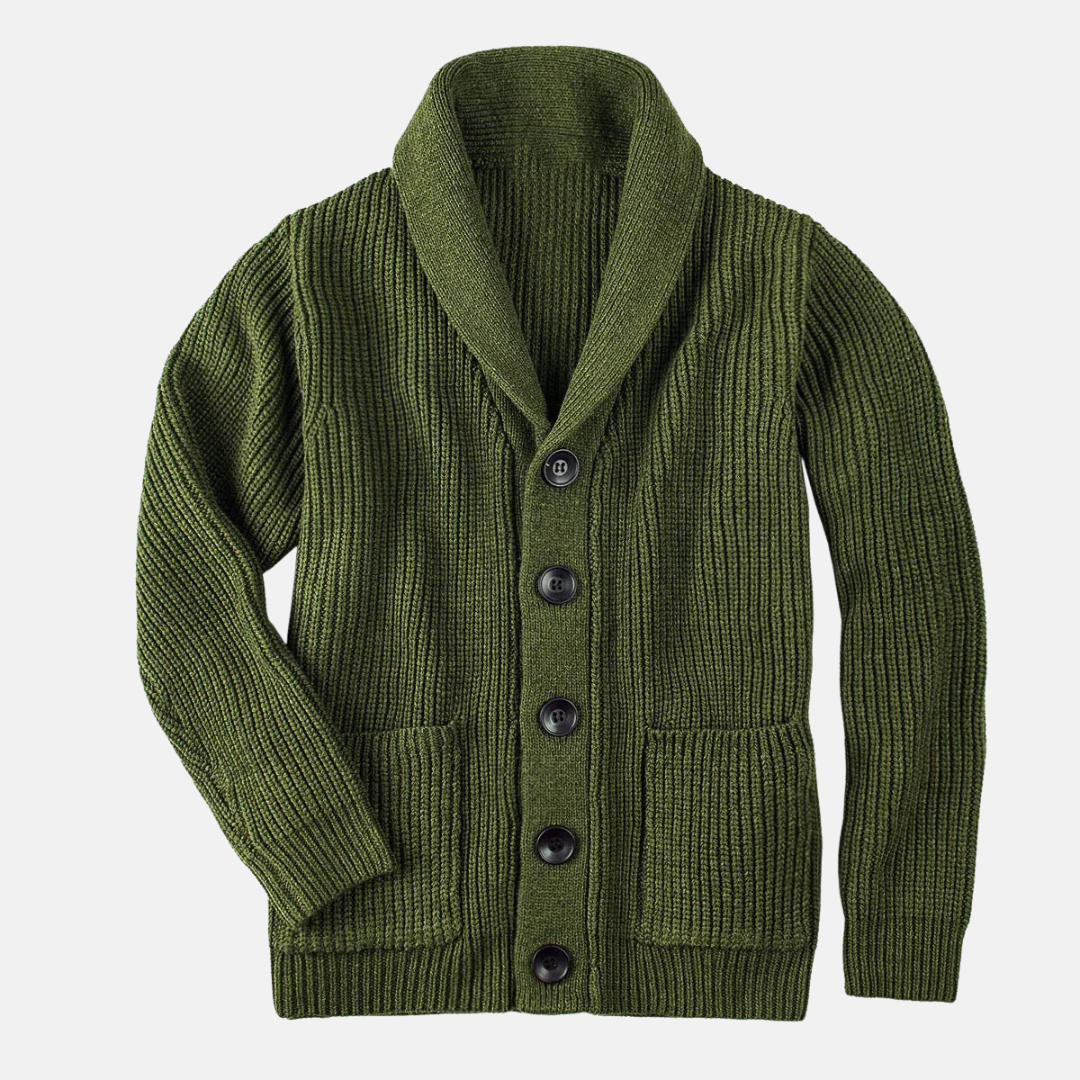 Mens Ribbed Knit Shawl Collar Cardigan Coat With Button Front And Patch Pockets Regular Fit
