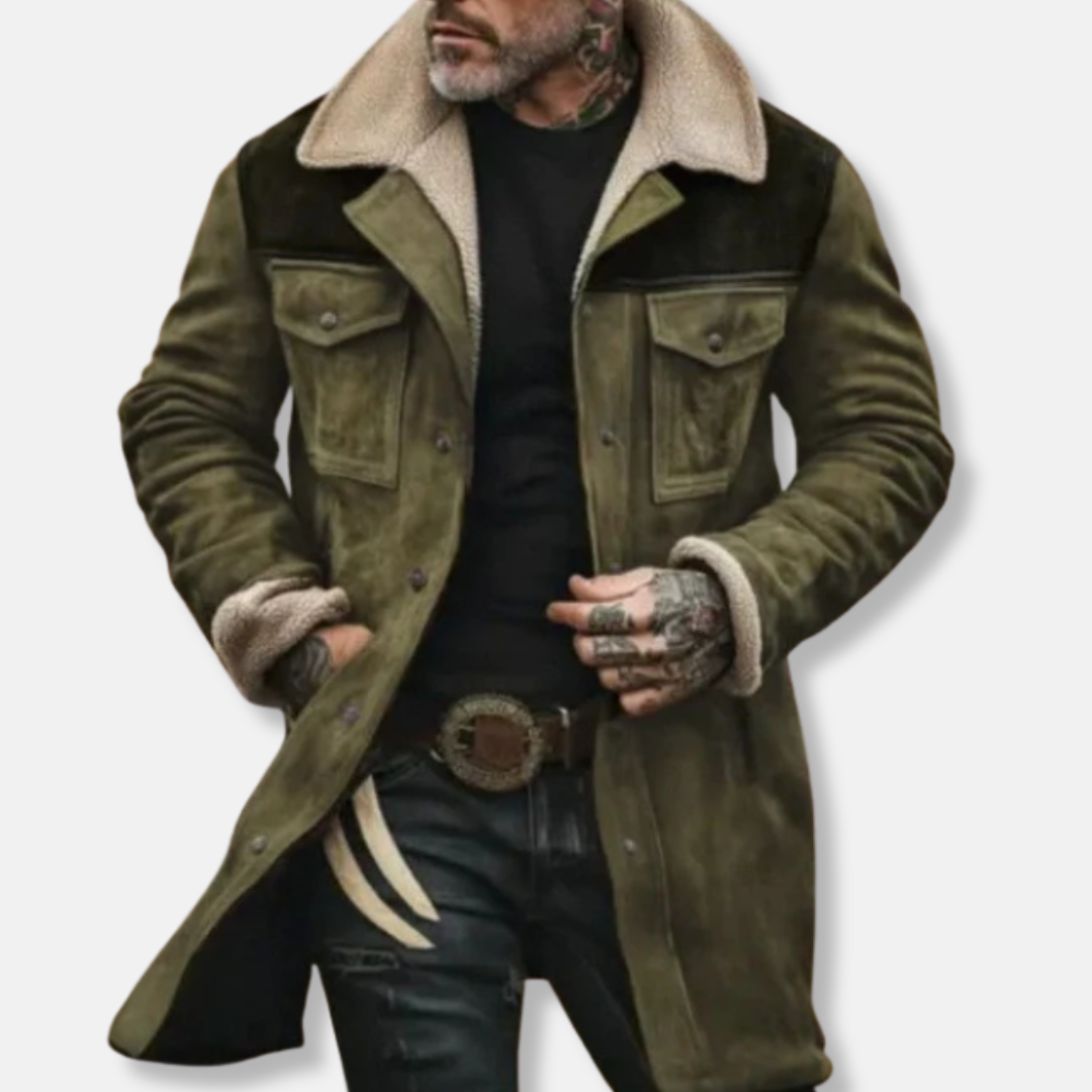 Men's Trench Coat With Suede-Like Fabric And Shearling Collar, Relaxed Fit, Button Front