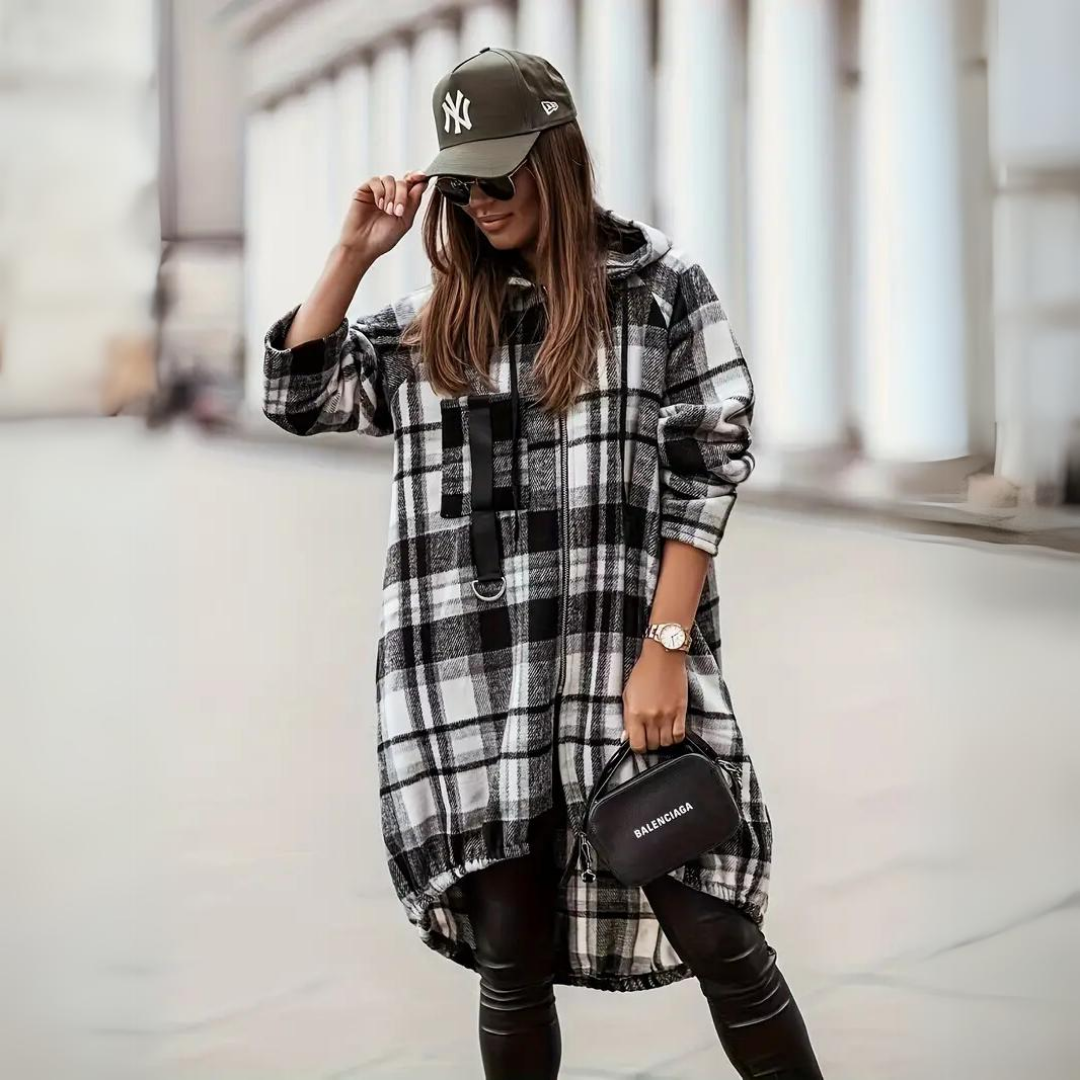 Street-Wave Plaid Cardigan for Women With Zip Front Cozy Plush Knit Timeless Checkered Style