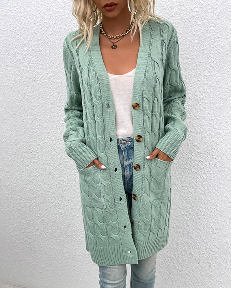 Street-Wave Cable Knit Cardigan For Women Cozy Longline Autumn Sweater With Pockets And Button Closure