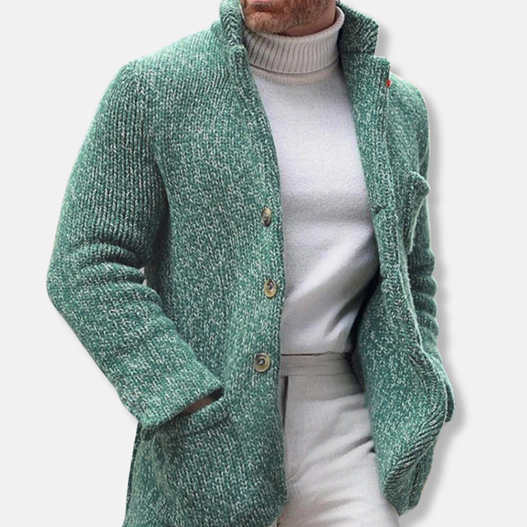 Men's Textured Knit Cardigan With Stand Collar Patch Pockets Street Wave For Men