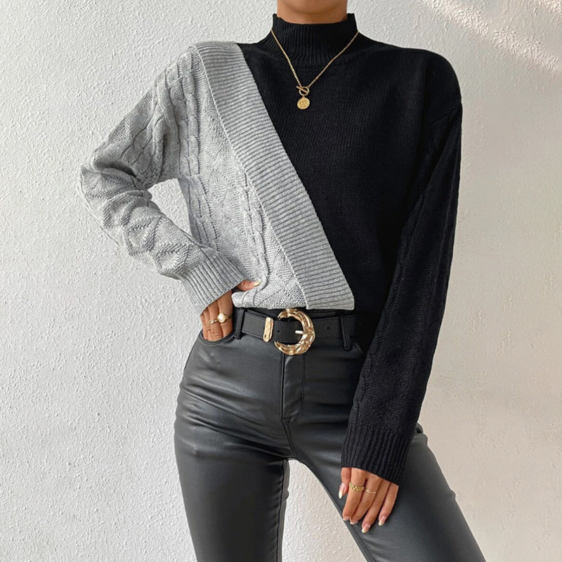 Street-Wave Diagonal Cable Knit Pullover With High Neck Versatile Structured Modern Style For Women