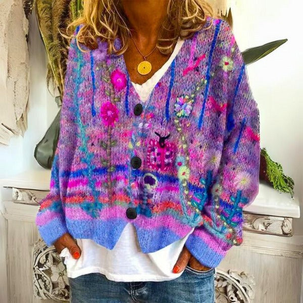 Street-wave Floral Knit Cardigan For Women - Soft Cotton-Blend Cozy Sweater With Bold Flower Motifs