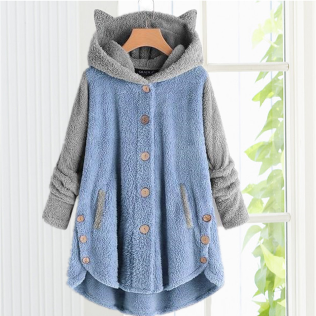 Street-wave Cat Ear Hooded Knit Cardigan For Girls Cozy Patchwork Fleece Warm Winter Wear