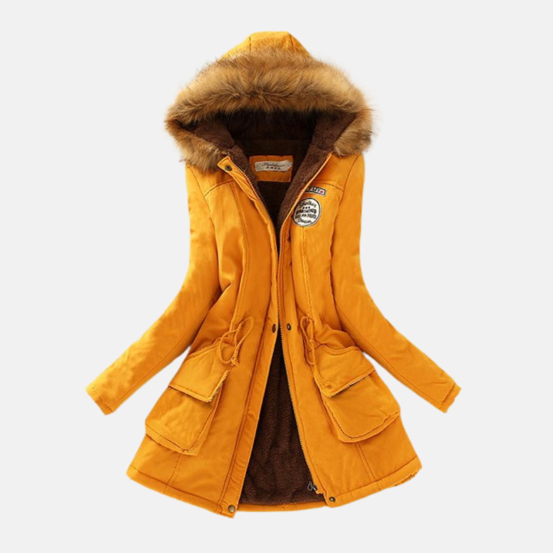 Women’s Parka Coat – Sherpa Lining – Faux Fur Hood – Drawstring Waist – Pockets