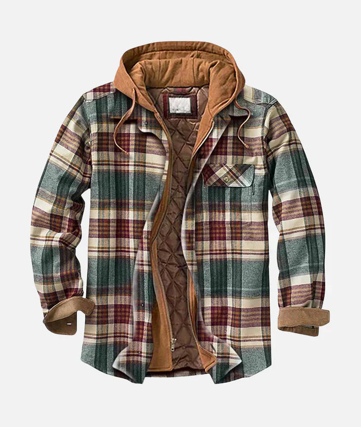 Street-wave Patchwork Plaid Hoodie Jacket For Men Urban Streetwear Cozy Quilted Lining