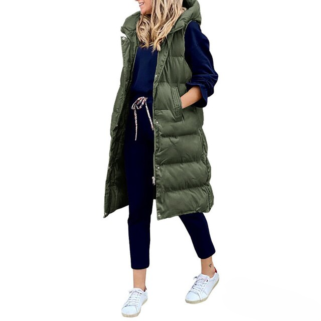 Street-wave Long Sleeveless Puffer Coat For Women With Hood Cozy Durable Winter Outerwear