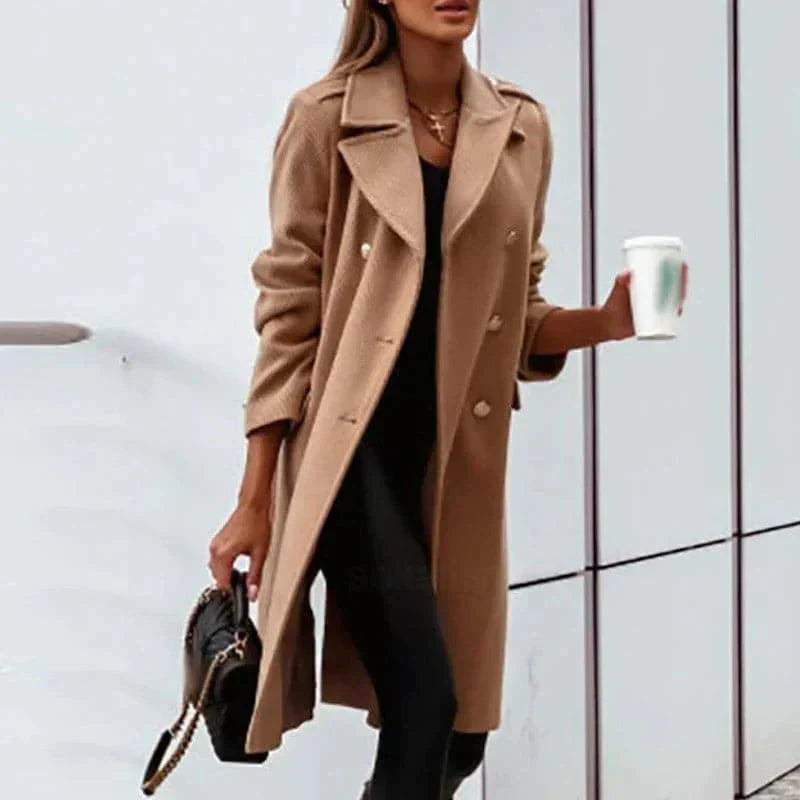 Street-wave Long Double Breasted Coat For Women With Wide Collar And Structured Fit
