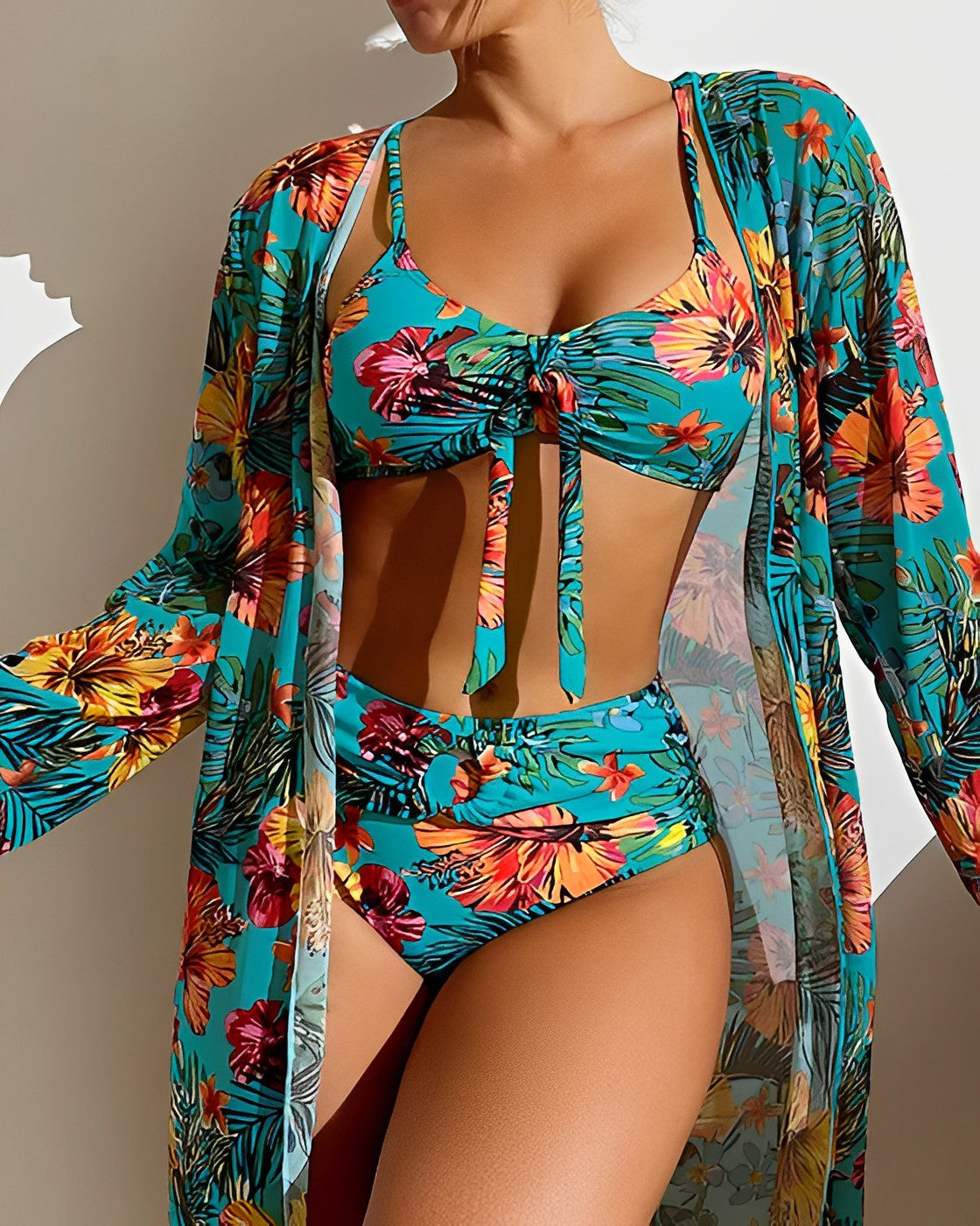 Bikini Set Street Wave Melody 3 Piece With Tie Front Top Tropical Print Women