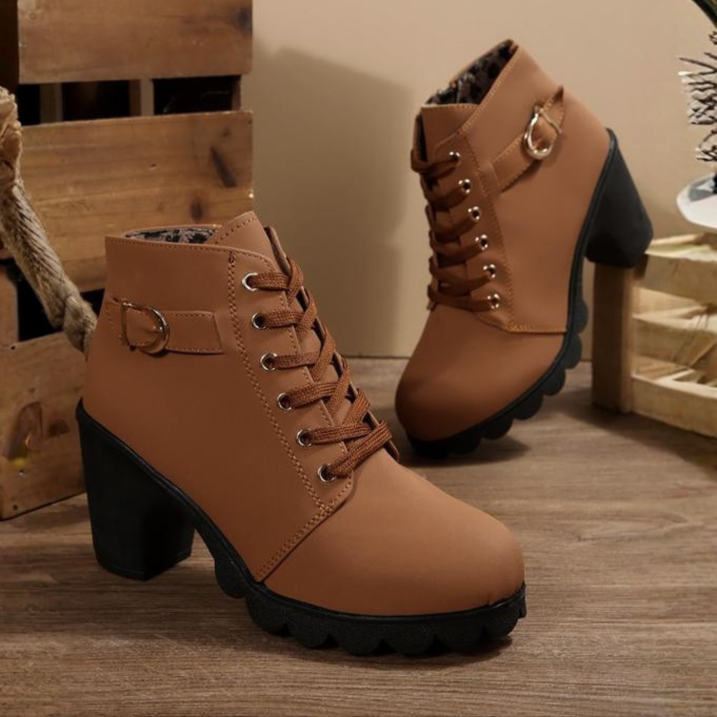 Women's Lace-Up Chunky Ankle Boots with Sturdy Sole and Versatile Style