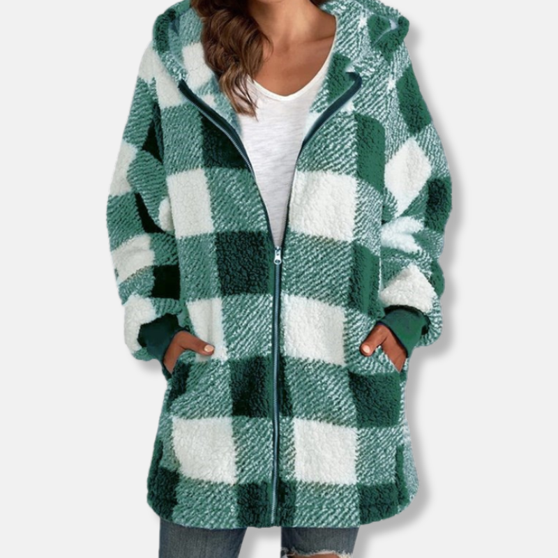 Street-Wave Women's Oversize Hoodie With Soft Knit Plaid Check Pattern Zip Hoodie