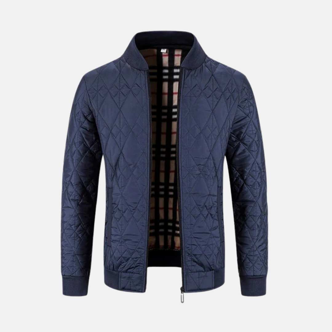 Men's Woven Jacket With Diamond Quilted Pattern Full Zip Ribbed Collar Bomber Style