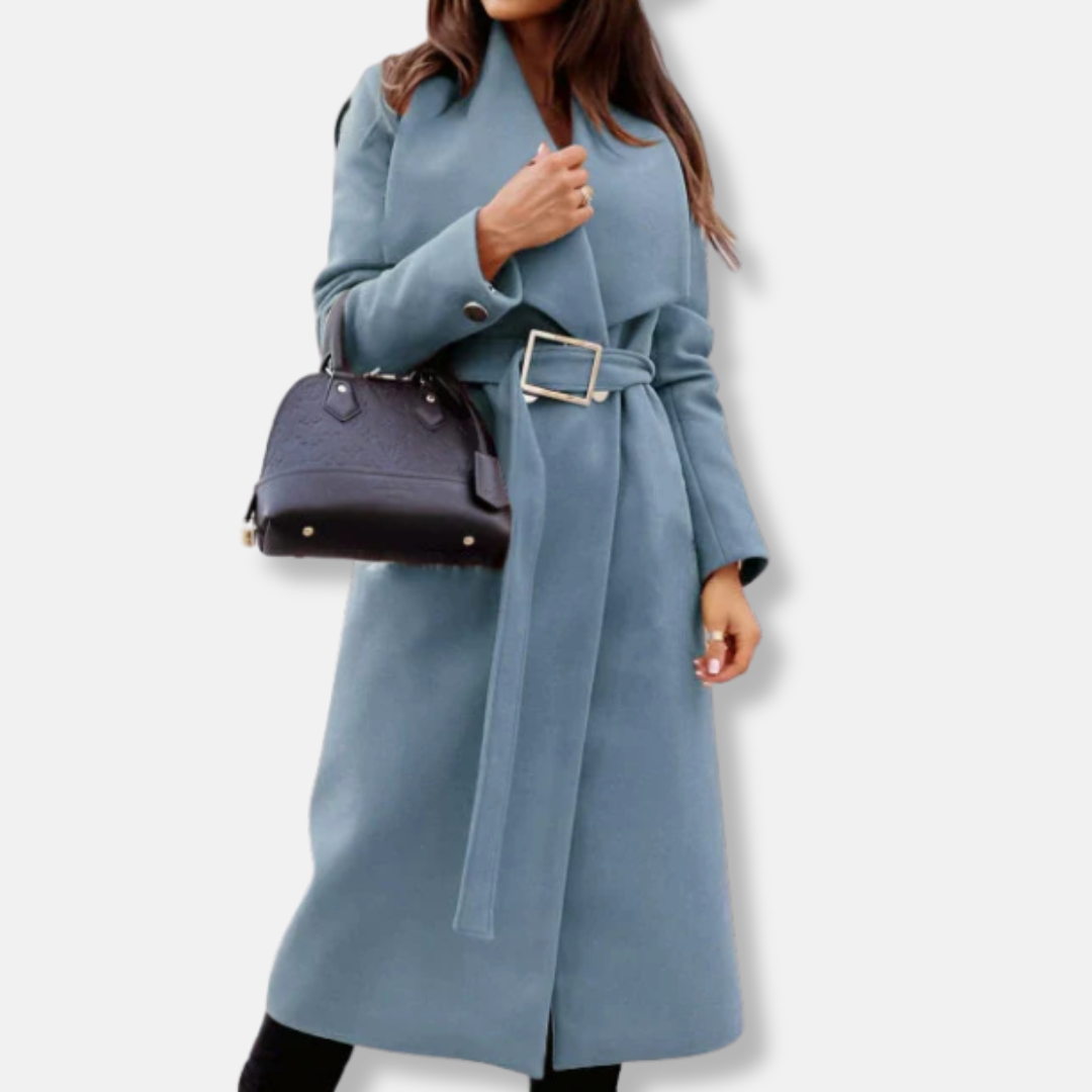 Street Wave Tailored Relaxed Fit Long Coat With Belt Draped Lapels Gold Buckle For Women