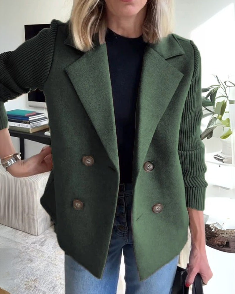 Street Wave Beige Double Breasted Blazer With Knit Sleeves For Casual Chic Women