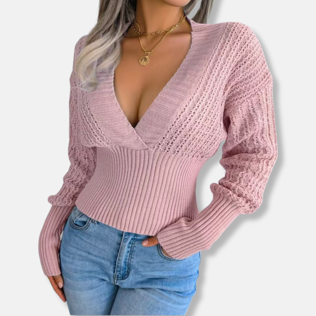 Nordisk Flair Womens Knitted Top Slim Fit Deep V Neck Open Knit Sleeves Chic