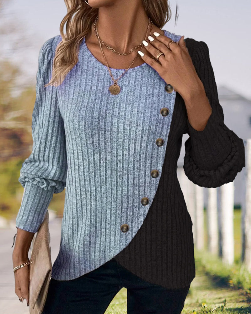 Streetwave Elegant Women's Knit Pullover With Asymmetrical Color Block And Diagonal Button Detail