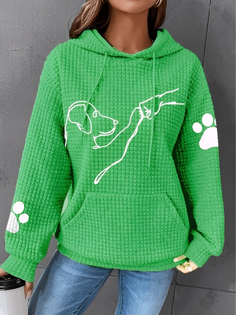 Street Wave Hoodie For Women Soft Quilted Knit Warmth Cat Graphic With Paw Print Sleeves