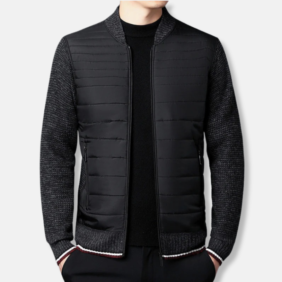 Men's Padded Jacket With Ribbed Stand Collar Hip Length Bomber Style For Smart Casual Wardrobe