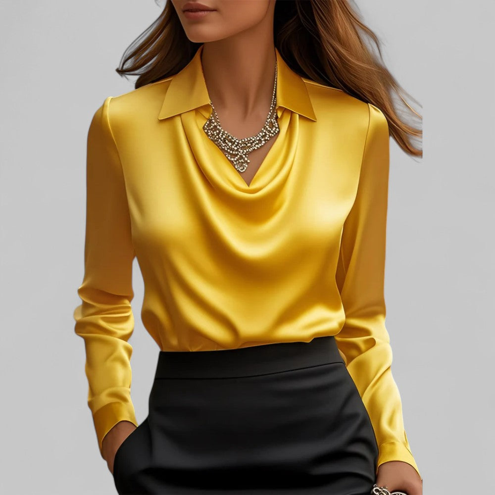 Satin Blouse Women Draped Neck Long Sleeve Street Wave Elegant Silky Top