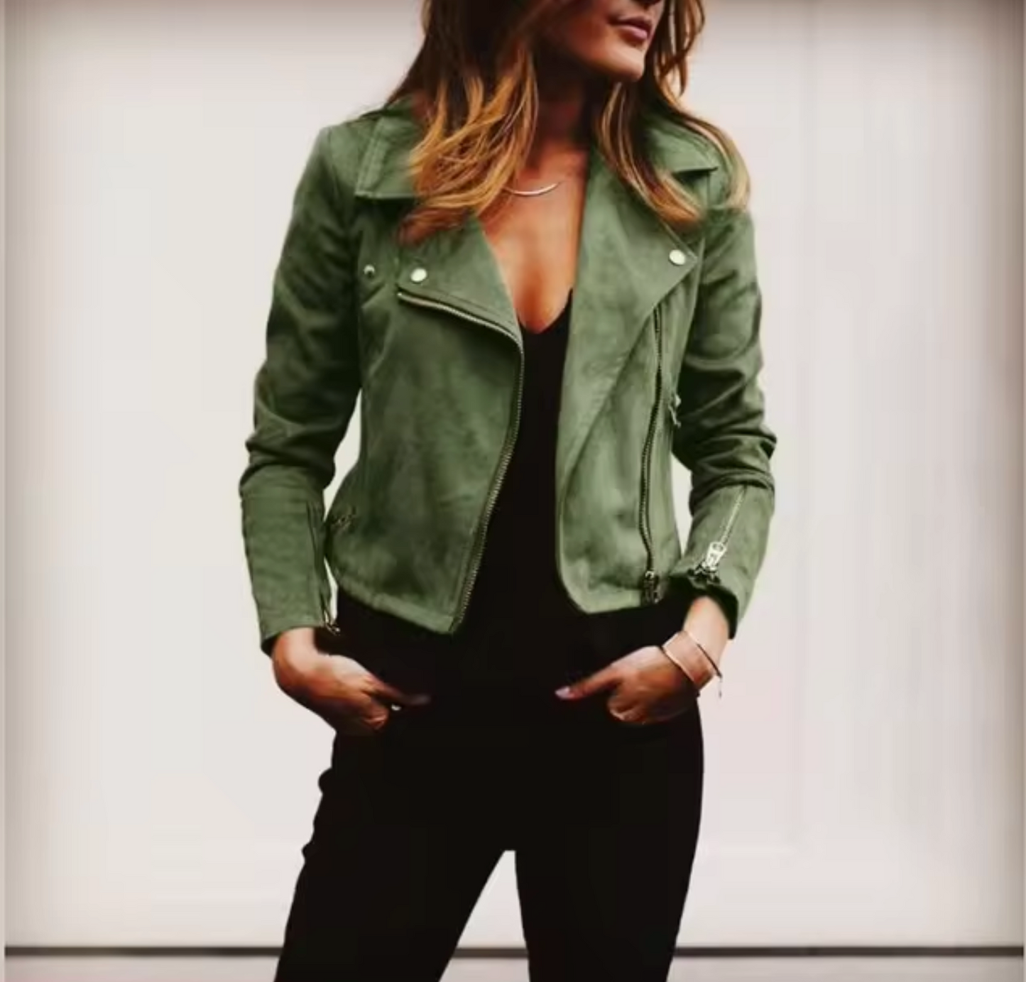 Street Wave Suede Cropped Jacket For Women With Zip Front And Slim Fit, Chic Suede Look