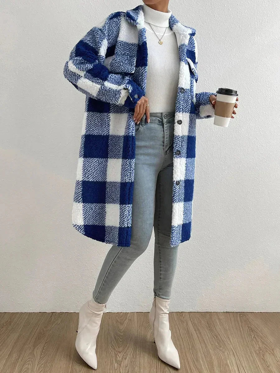 Street-wave Teddy Coat Oversized Fit Plaid Pattern Mid Length With Flap Pockets Cozy Chic For Women