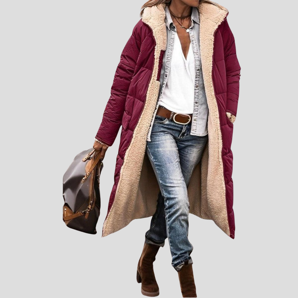 Street-wave Reversible Long Winter Coat With Hood And Teddy Lining For Women Cozy Warmth And Versatility